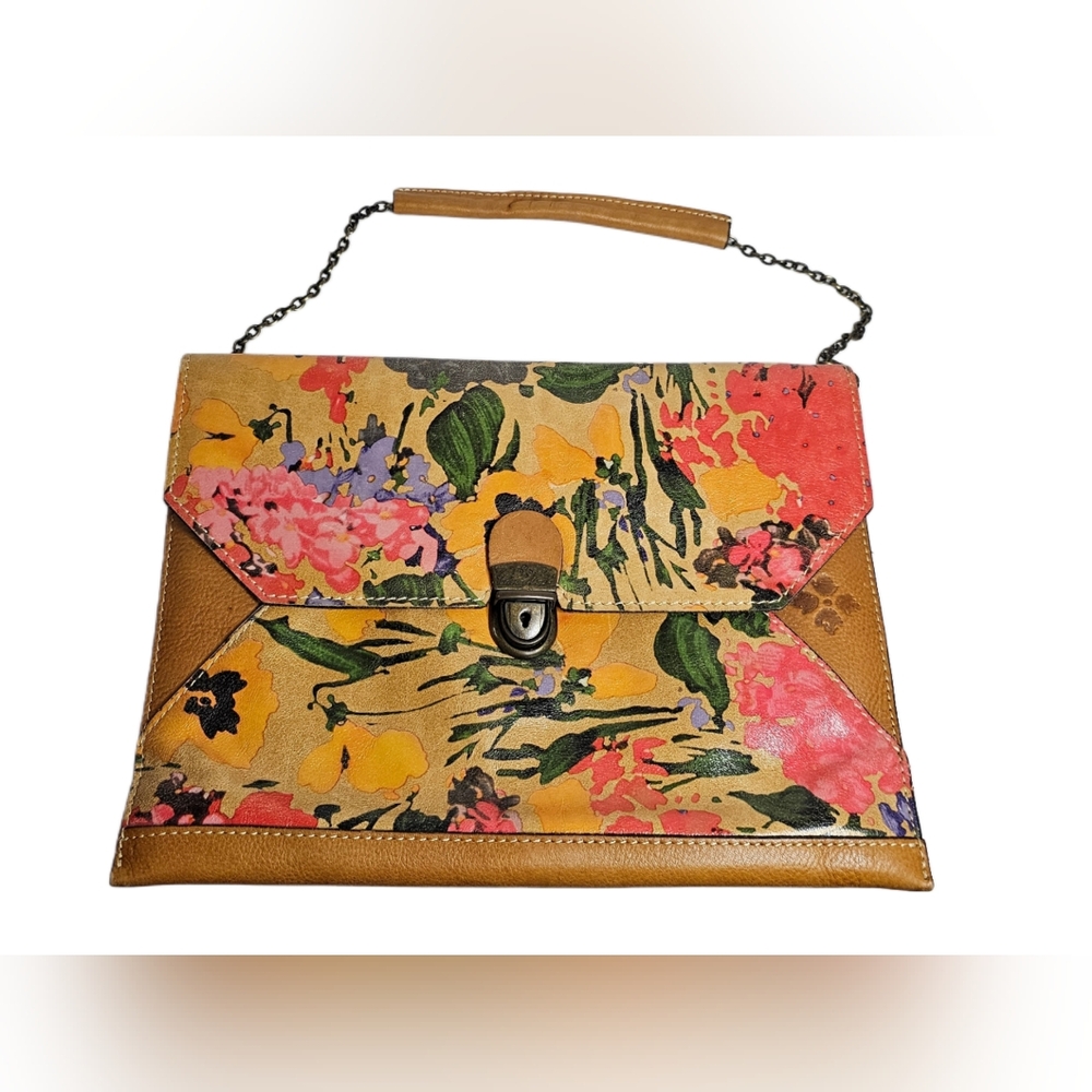 Patricia Nash Adelfia Leather Chain-Link Flap Shoulder Bag Slim Purse Floral Art